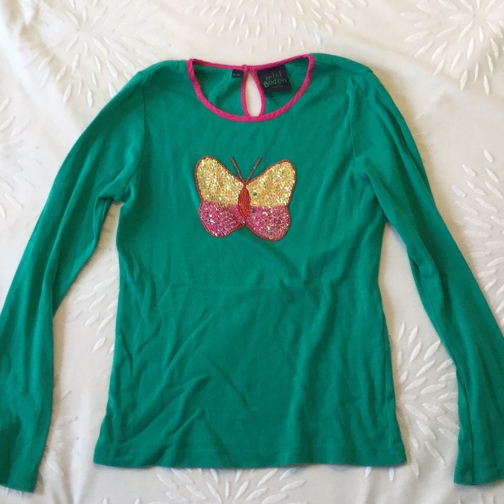 MINI BODEN Green Sequined Butterfly Long Sleeve